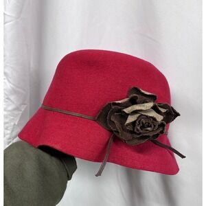 Antonello Serio Women's Vintage Red 100% Pure Wool Felt Cloche Hat‎ with Flower